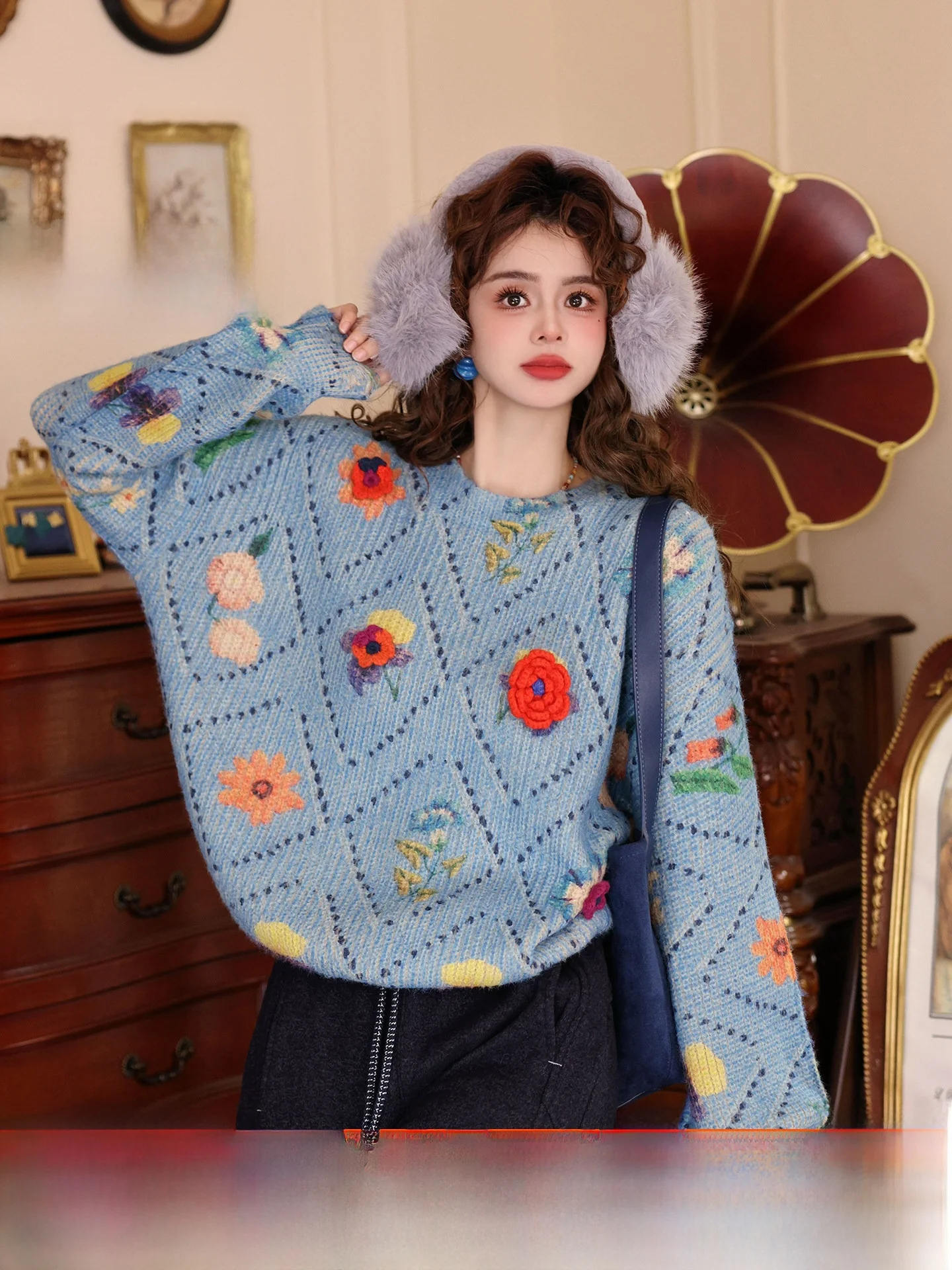 

Chen Jiajie Retro round Ne Knitwear Casual Loose Women's Sweater Comfortable Breathable Long Sve Plant Floral Embroidery