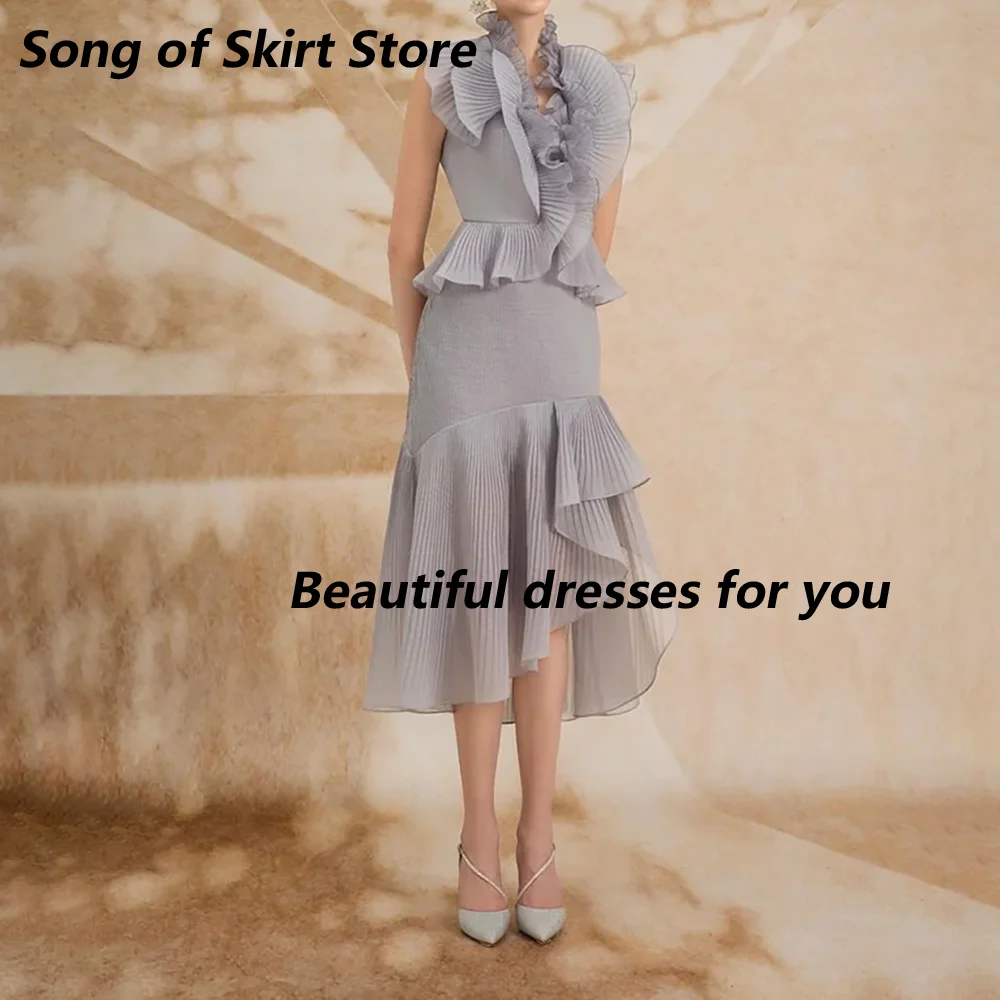 Women Gray Ruffled Evening Dress High Neck Sleeveless Bodycon Midi Dress Asymmetric Ruffle Party Cocktail Dress Customized