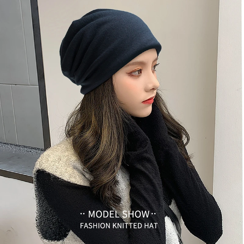 

Cold In Autumn Winter Korean Fashion Windproof Plus Velvet Pullover Hat Solid Color Knitted Hat Baotou Hat Warm Without Brim Hat