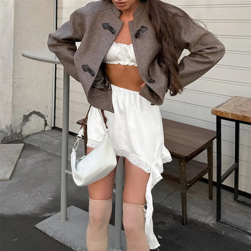 Aliunique 2026 Spring Casual Solid Skirt Female Sexy Lace White Asymmetrical Midi Skirts Street Chic Satin High Waist Slim Skirt