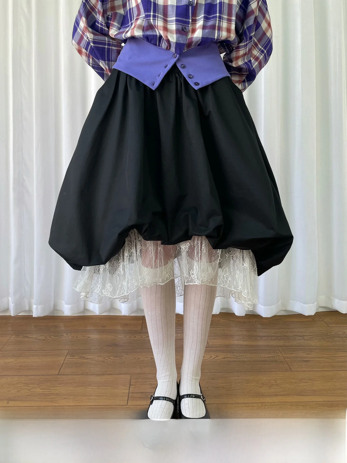 

Black Bubble Lace Trim Half Skirt Women's Versatile Slimming Splice Floral Print Skirt Sweet Style Cotton Gored Skirt