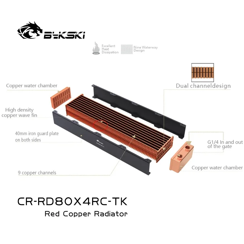 Bykski High-performance 40mm Thick Copper Water Cooling Radiator Heat Dissipation for 80mm Fan 80/160/240/320mm CR-RD80X4RC-TK