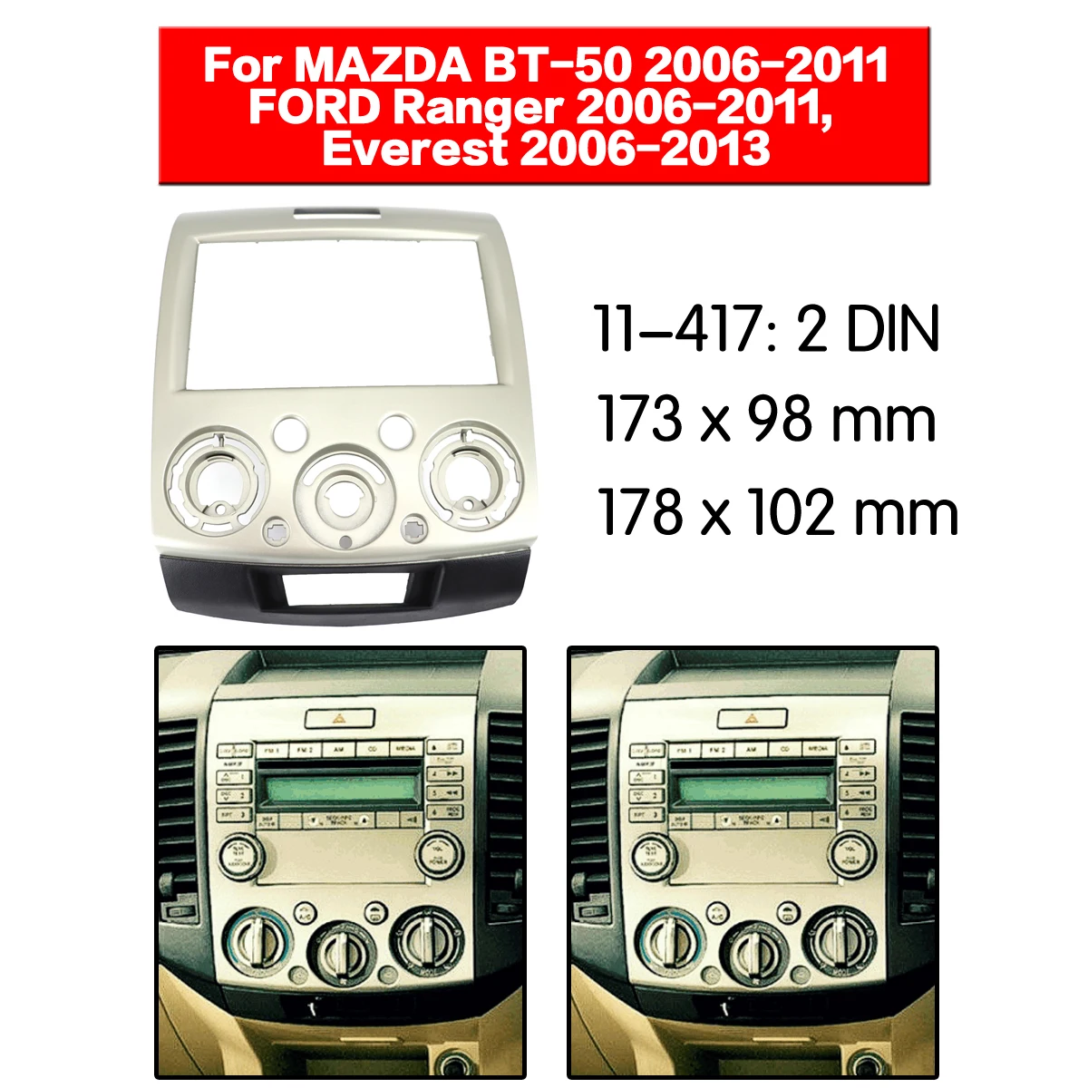 

Car 2DIN of Fascia Panel Stereo Installation Kit Center Console Trim For MAZDA BT-50 06-11/FORD Ranger 06-11/Everest 06-13