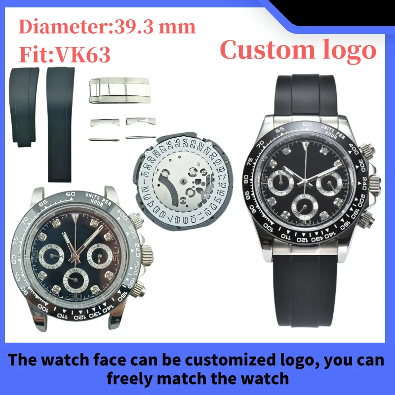 39.3mm VK63 Silver Watch case 316L stainless steel sapphire glass suitable for VK63 movement assembly 10bar waterproof