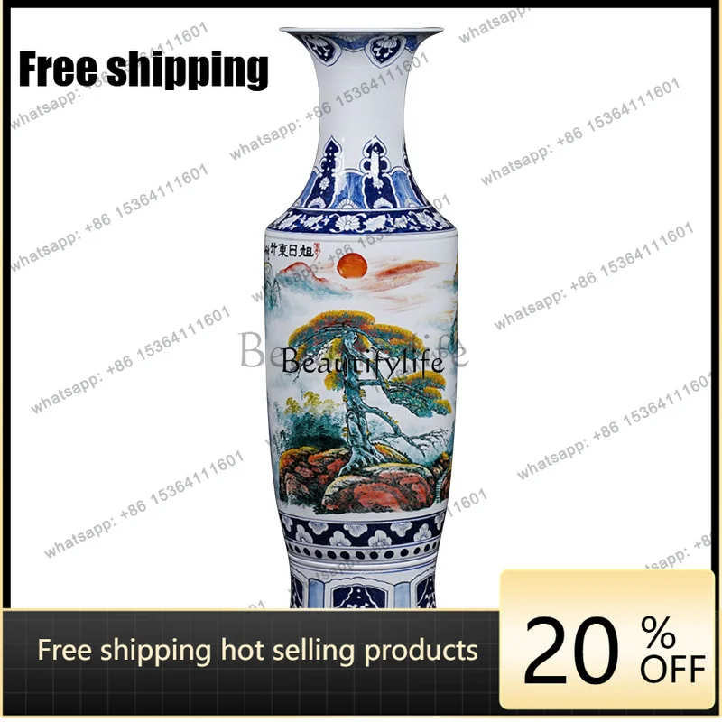 Factory Direct Ceramic blue and white hand-painted floor-to-ceiling vase home living room decoration Chinese-style ornaments