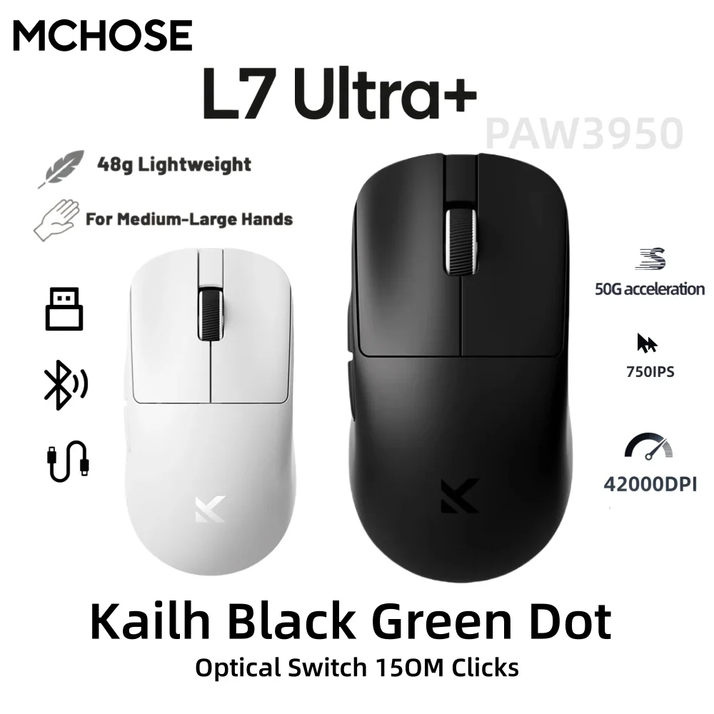 MCHOSE L7 Ultra+ Wireless Gaming Mouse PAW3950 2.4GHz RF/BT/Wired Tri-Mode 42000DPI Sensor Dual 8K Polling 39g Ultra-Lightweight