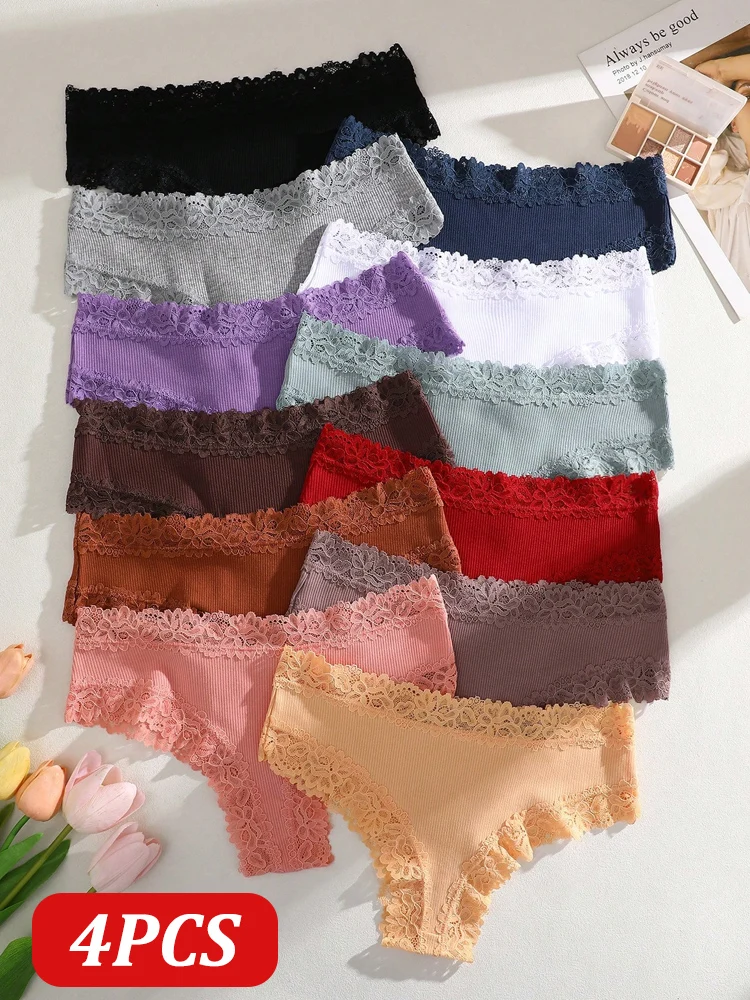 4PCS Nahtlose Baumwolle Stoff Brasilianische Hosen Für Frauen Sexy Spitze Niedrige Taille Hohe Elastische Bikini Höschen Weiche Bequeme Dessous