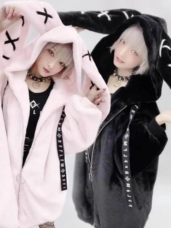 Japanese Faux Fur Coat Autumn and Winter Warm Coats New Sweet Cool Rabbit Ears Women's Thick Jackets Fashion Cotton Clothes
