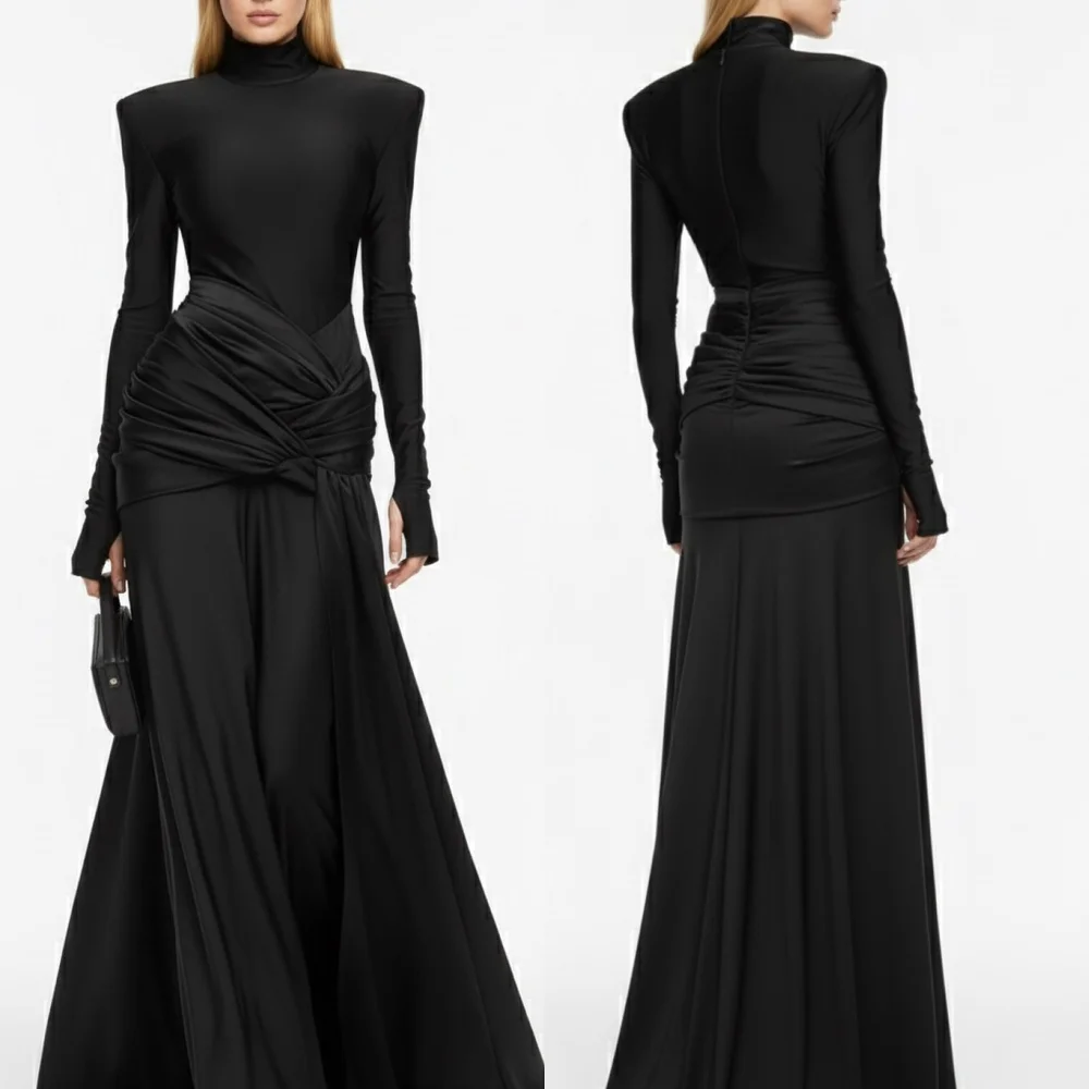 

Customized Temperament High Collar Criss-Cross Pleat Black Long Dresses Bespoke Occasion Celebrity Elegant Party Formal Evening