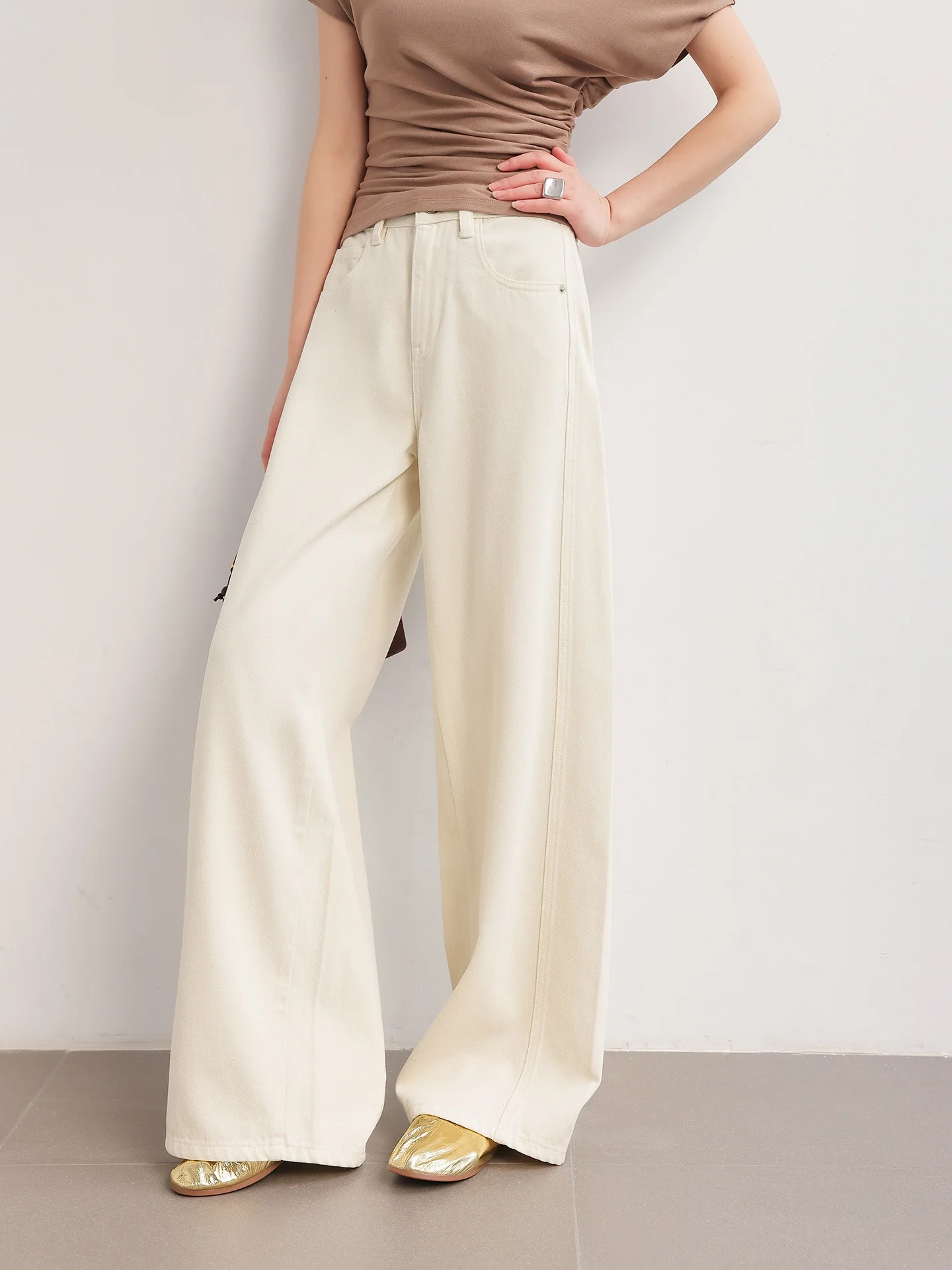 

JWUNIQUE Women's Wide Leg White Jeans High Waist Loose Fit Elegant Style Floor Length Pants Winter Collection Ladies