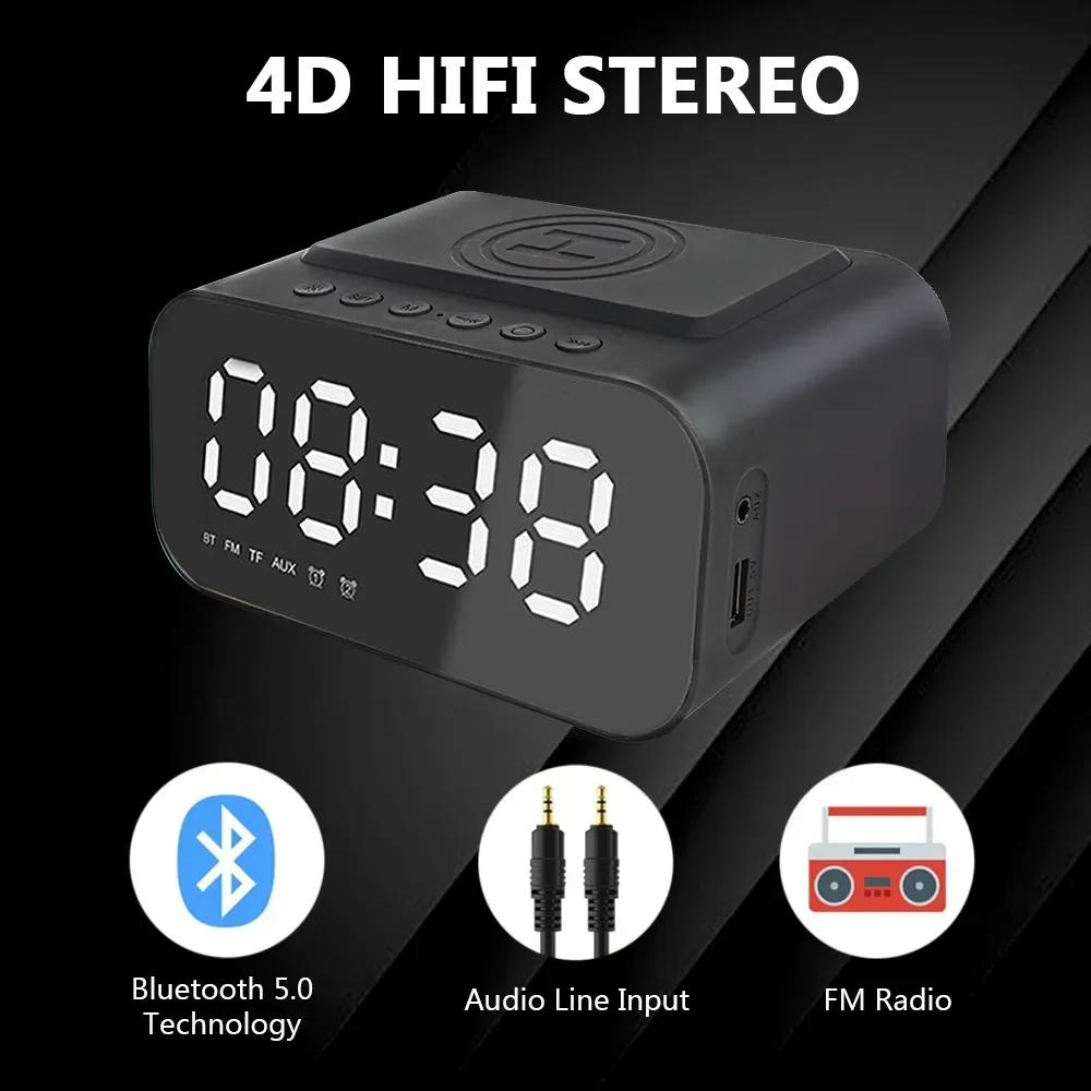 Imagem -03 - Multifuncional Led Smart Digital fm Radio Despertador Carregador sem Fio Carregador Rápido Usb Função Bluetooth Speaker