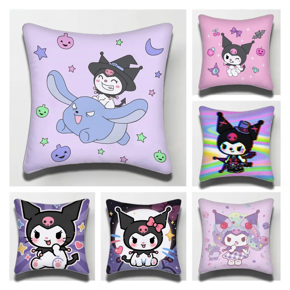 1PC Kuromi Sanrio Cute Pillow Case Short Plush Double-Sided Printing Home Machine Washable in Warm Winter Cushion Cover