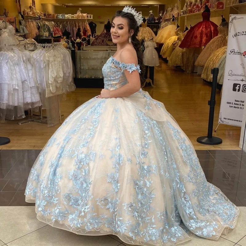 

EVLAST Customized Champagne Princess Ball Gown Quinceanera Dress Off Shoulder Lace Applique Sweet 16 Vestidos De 15 Anos TQD041