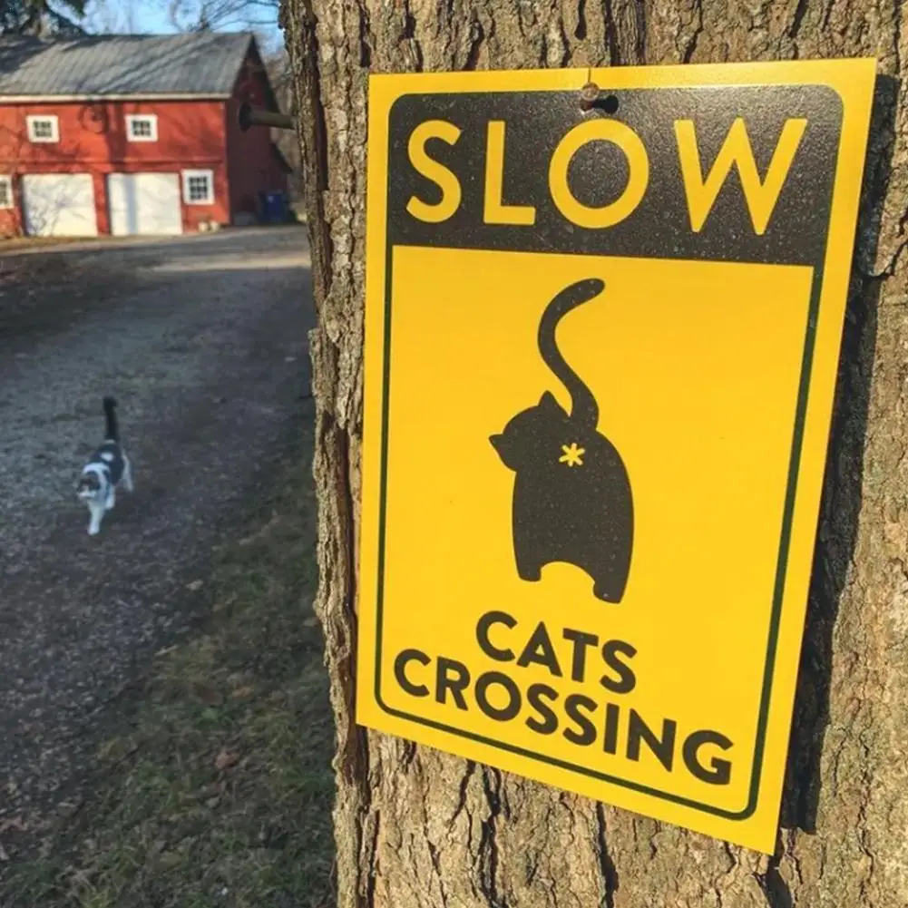 Slow Cat Crossing Sign PVC Black On Yellow Wall Decor For Home Cafes Office Store Pubs Club Indoor Outdoor 8x12cm