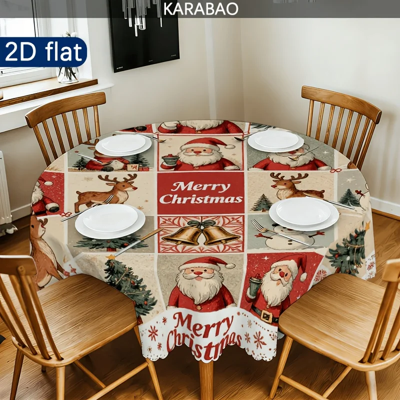 Christmas-themed round tablecloth with Santa Claus, reindeer, snowman, Christmas tree and bell patterns for a festive atmosphere