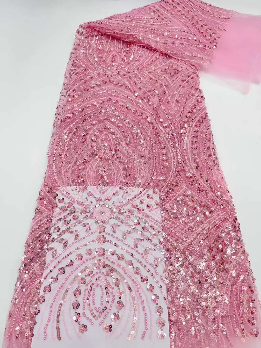 

2025 Pink African Tulle Lace Fabric French Net Sequins Fabric Sewing Embroidery With Beads Lace Tulle Mesh Nigeria Dress 5 Yards