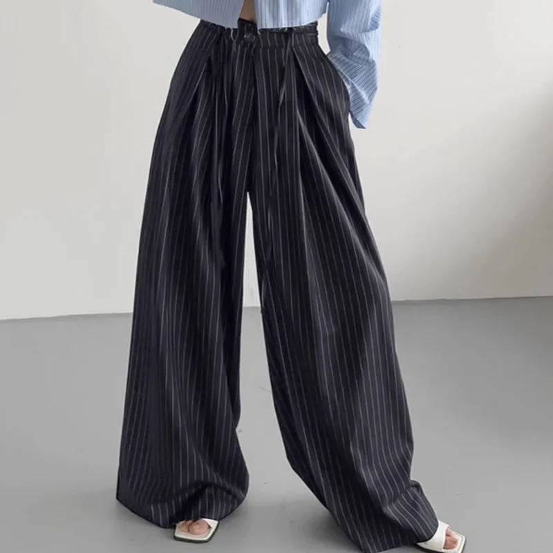 EAEOVNI Striped Fashion Loose Long Pants For Women Lace-up Waist Casual Wide Leg Trousers Office Lady 2025 Spring New 1A296