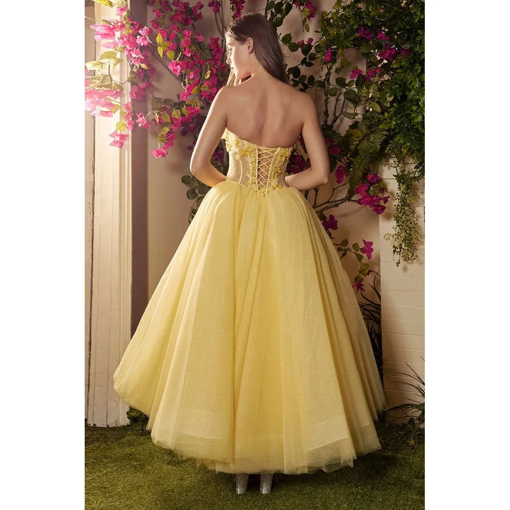 Pretty Yellow Women Prom Dresses Fancy Flowers Strapless Sleeveless A-Line Tea Length Sweet Formal Evening Party Banquet Gowns