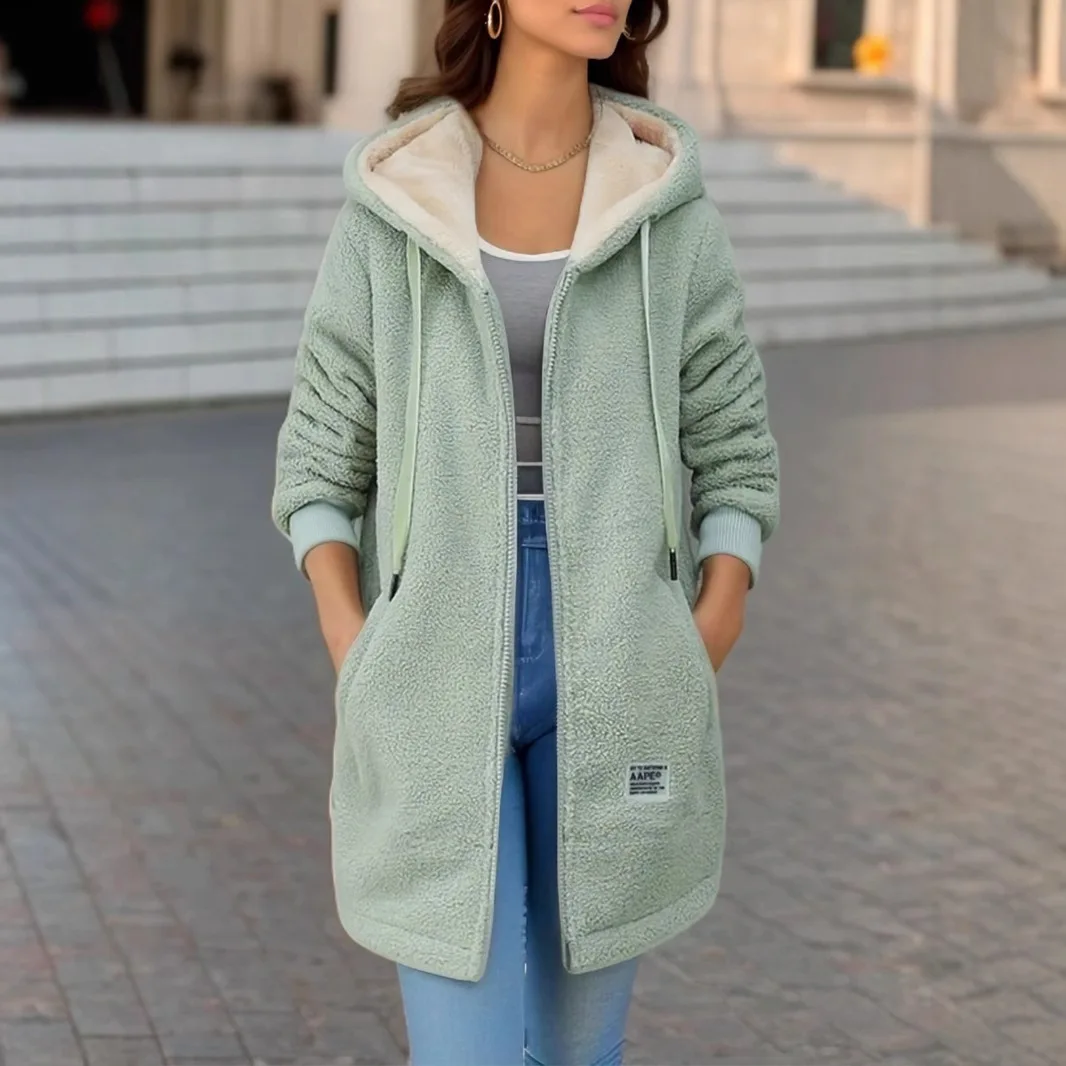 New Autumn and Winter Embroidered Letter Zipper Jacket with Thick Fleece, Medium To Long Lamb Fleece Hoodie, Women's Clothing
