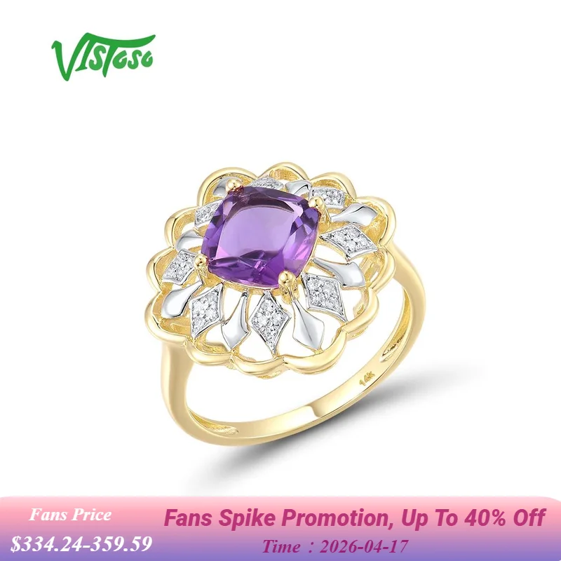 

VISTOSO Genuine 14K 585 Yellow Gold Ring For Women Sparkling Amethyst Diamond Flower Ring Luxury Glamorous Gift Fine Jewelry