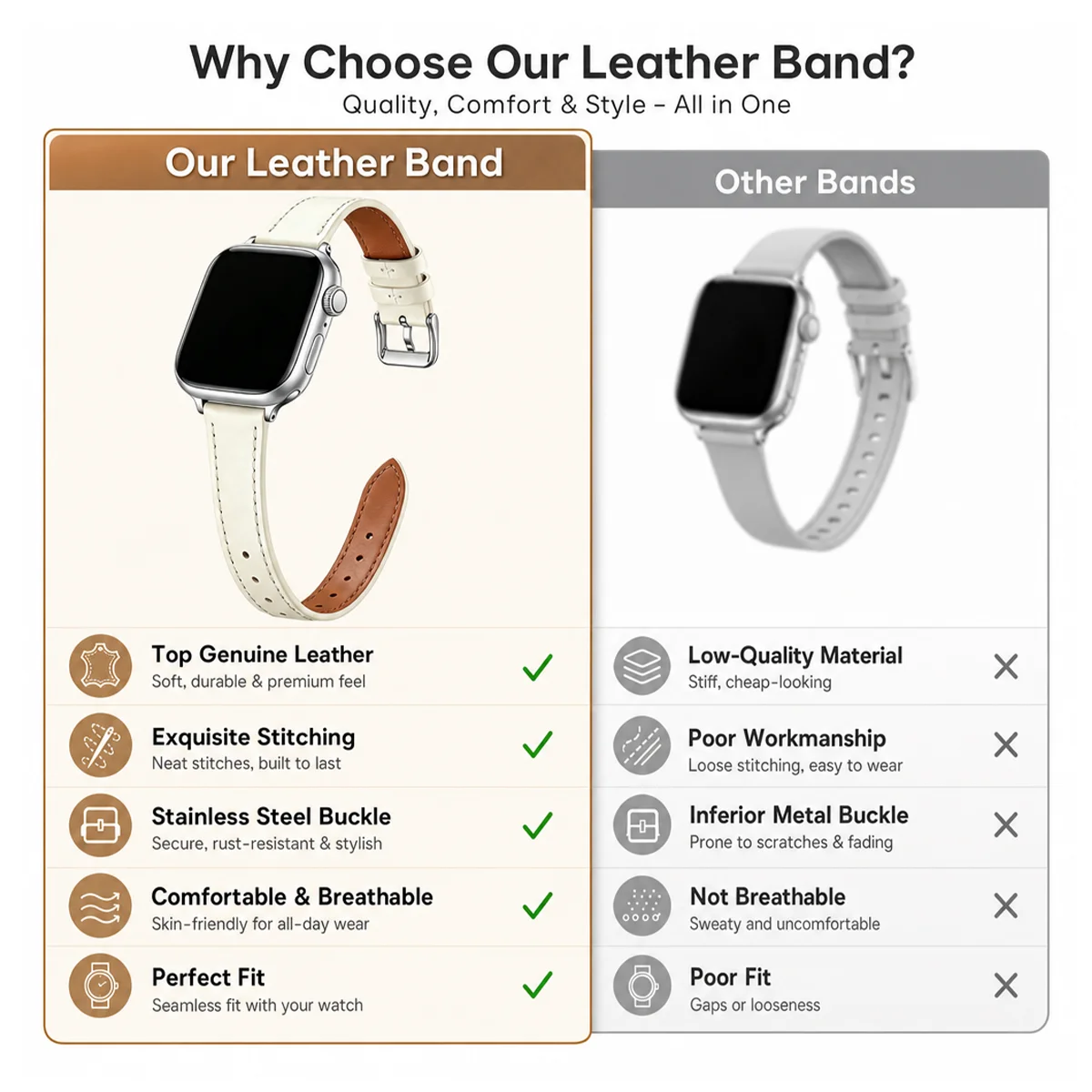 Skórzany pasek do Apple Watch, model „Leather Loop”, dla kobiet, pasuje do modeli Ultra/Series 12/11/10/9/8/7/6/5/4/3/2/1 SE, rozmiary: 38 mm, 40 mm, 41 mm, 42 mm, 44 mm, 45 mm, 46 mm, 49 mm. — zdjęcie produktu 5