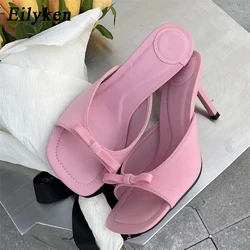 Eilyken Summer Fashion Butterfly-knot Satin Women Slipper Slip On Ladies Sandal Thin High Heel Outdoor Dress Slides Shoes