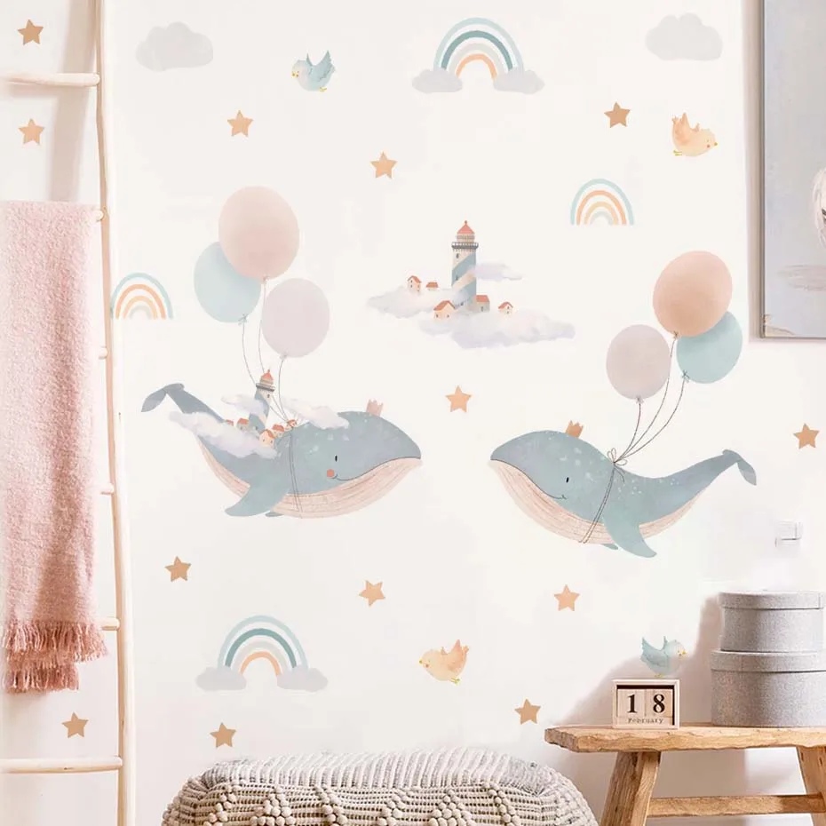 Watercolour Whale Rainbow Balloon Wall Stickers for Baby Nursery Room Decals Baby Girls Bears Cartoon Animals Kids Stickers