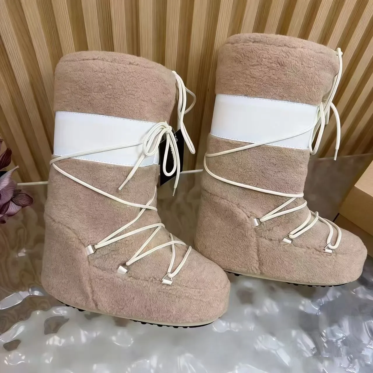Thick soled hairy snow boots for women, 2026 winter new item, mid high tube lace up cotton shoes, anti slip and warm ski shoes