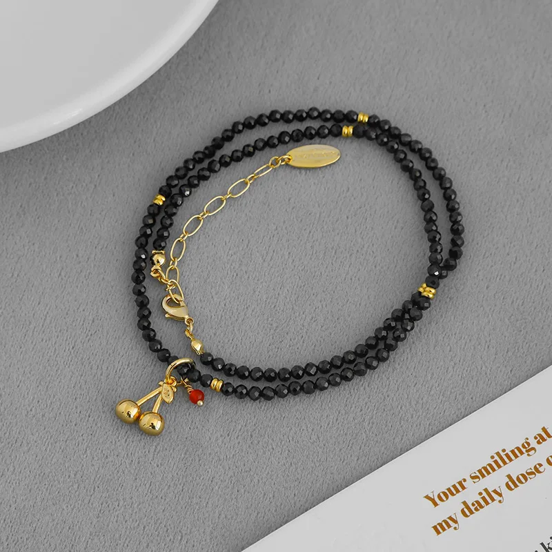 

2025 Fashion new Black stone beaded cherry necklaces for women cute fruit necklaces summer funny jewelry new