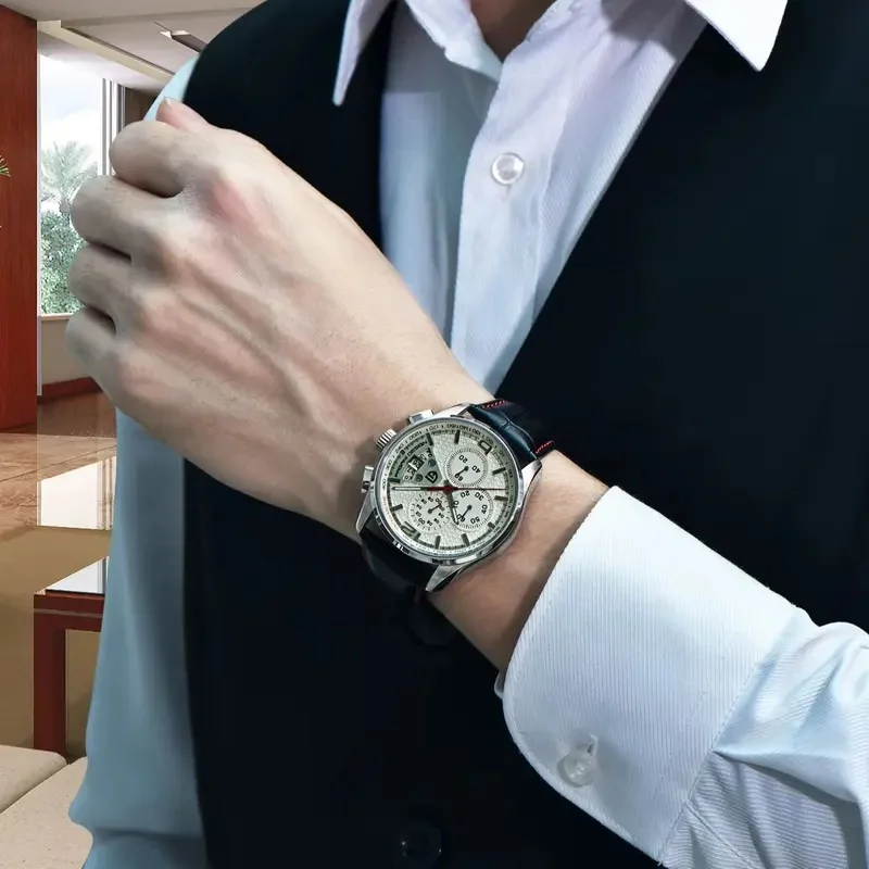 Stylish Pagani Design Black Dial Chronograph Watch Waterproof Quartz Wristwatch Comfort Leather Strap Multifunction Calendar