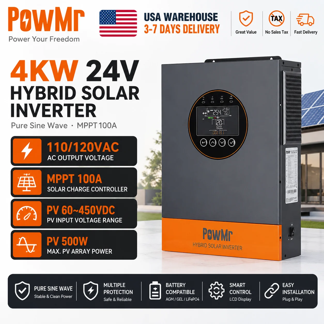 PowMr USA 4KW 4KVA Hybrid Solar Inverter 24VDC to 110Vac Dual AC Output Max 5000W 60‑450V PV Input With Pure Sine Wave MPPT 100A Solar Charge Controller Built‑in App Monitor Work for Lithium Lead‑Acid Home Battery Off‑Grid Emergency Solar Storage System