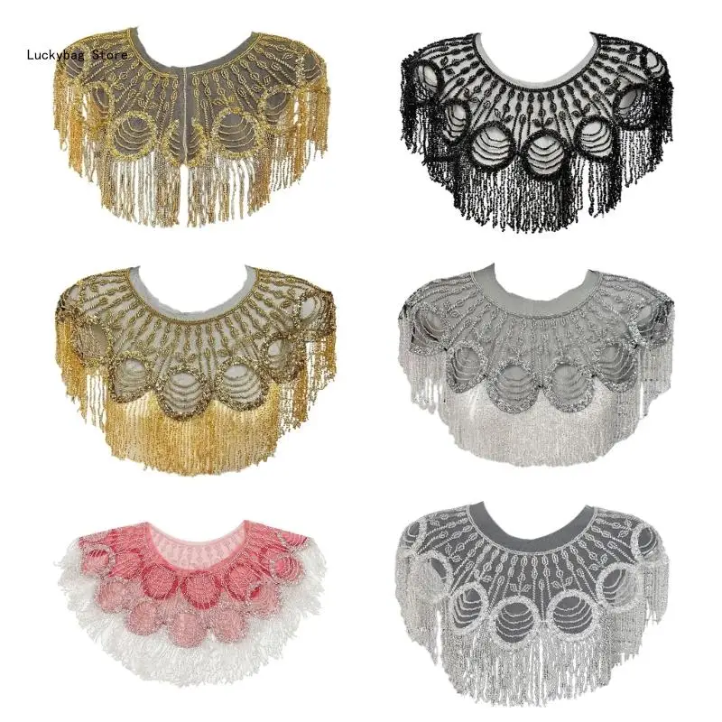 

Ladies Sequins Embroidery Capes Beaded Tassels Wedding Shawl Wrap Mesh Boleros