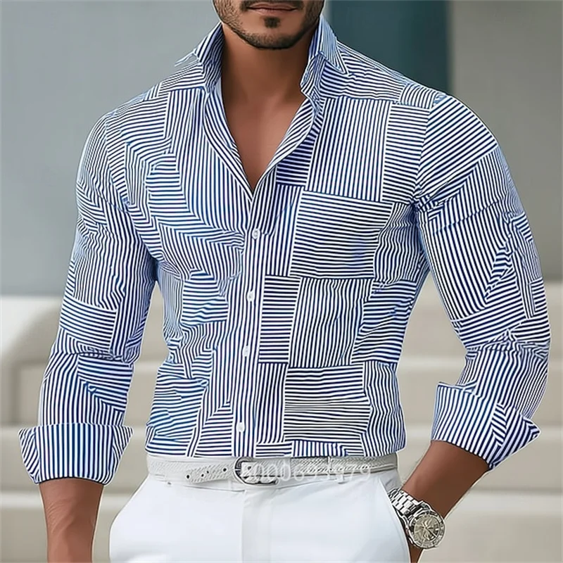 Men's Striped Long-Sleeved Shirt, Fashionable and Casual, Collared Shirt for Spring and Autumn, Available in Blue, Pink, Purple