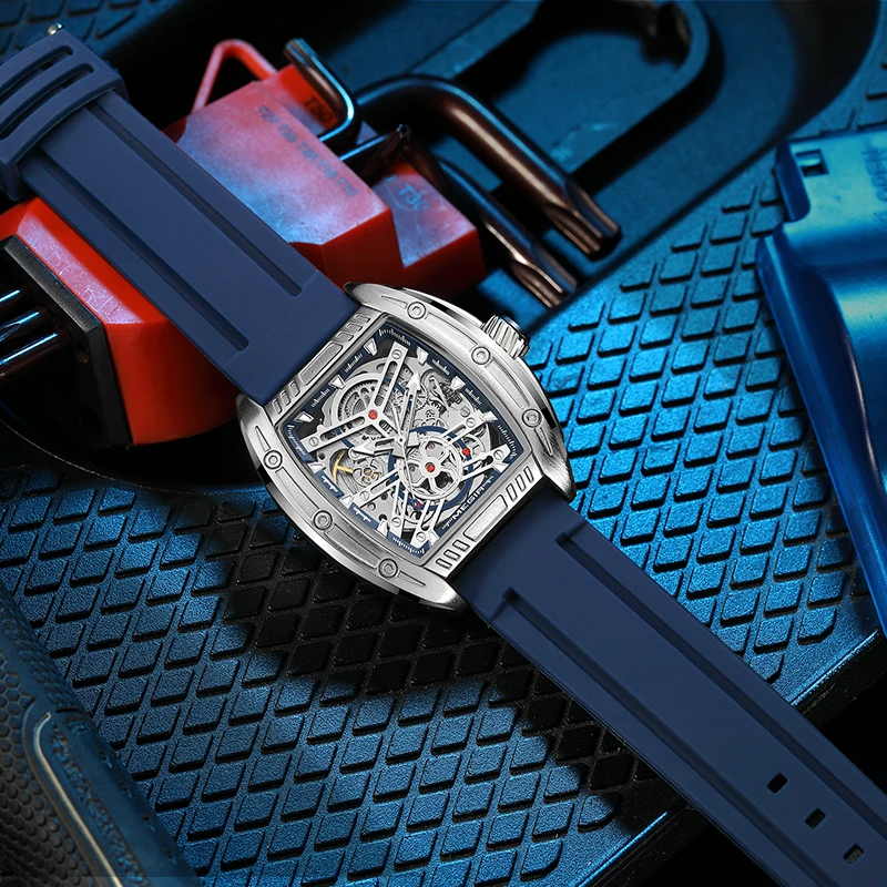 MEGIR 8601 جديد برميل النبيذ الأزرق توربيون ساعة ميكانيكية أوتوماتيكية فاخرة الجوف الهاتفي 30 متر مقاوم للماء الساعات الفاخرة للرجال