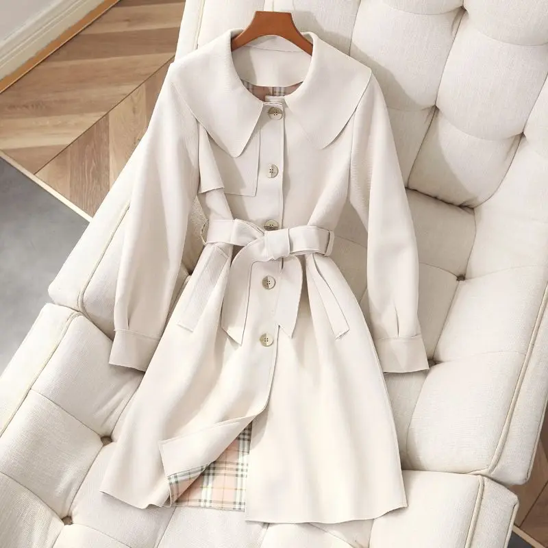 Korean Version Women's Windbreaker, Mid Length, Doll Neck, Slim Fit Trench, Off White Coat, Versatile Overcoat, Autumn, New