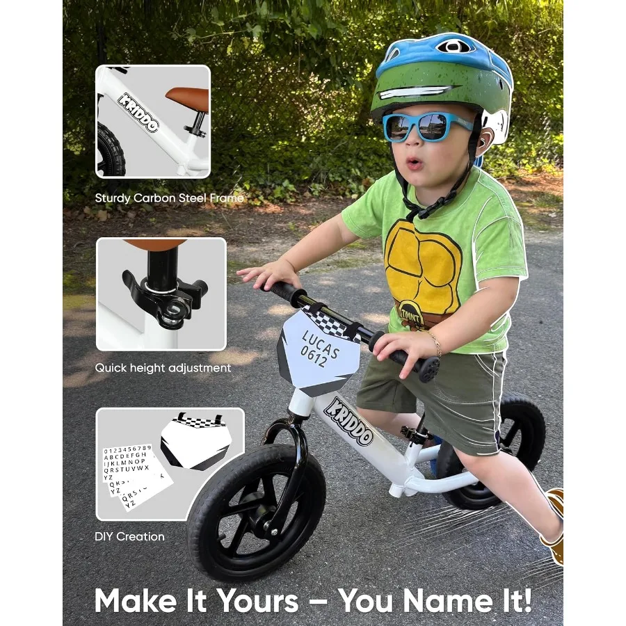 幼児用バランスバイク、2歳から5歳向け、12インチのプッシュバイク、カスタマイズプレート付き（ステッカー3セット付属）、ギフトバイク
