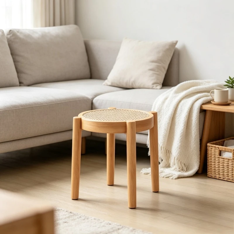 Medieval solid wood stool household strong and durable wabi wind dining table dining chair stackable rattan chair retro round