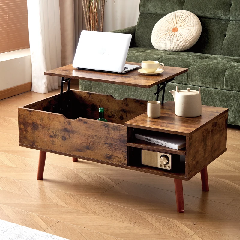 โต๊ะกาแฟท็อปยกไม้พร้อมช่องซ่อนและชั้นเก็บของแบบปรับได้ โต๊ะรับประทานอาหารยกโต๊ะสําหรับห้องนั่งเล่นในบ้าน