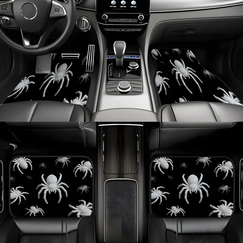 4pcs Car Floor Mat Set  Black And White Spider Pattern  Carpet Material Compatible With Sedans/SUVs/Trucks All-Season Anti