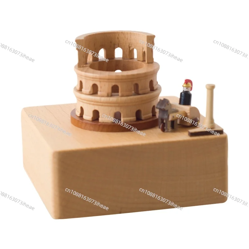 Colosseum Wooden Music Box - Mechanical Belt Carriage Music Box with Handcrafted Details