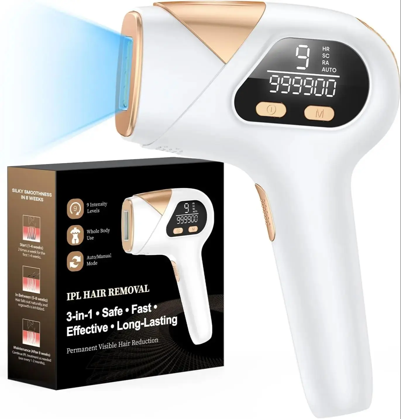 Laser Hair Removal IPL 3-in-1 Effective Hair Removal Device 9 Levels 999,900 Light Pulses Women Men Full Body Treatment Home Use