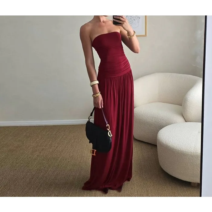 

Off-shoulder Strapless Pleated Sexy Maxi Dress for Women Elegant Backless Sleeveless High Waist Ruched Long Dresses fall 2025