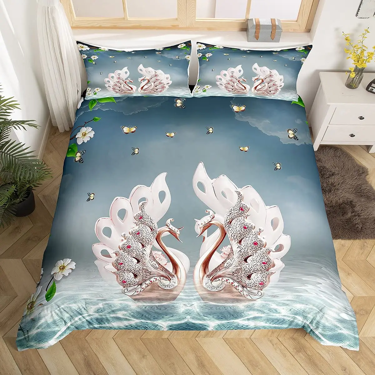 

Romantic Swan Duvet Cover Set King Wild Animal Comforter Cover Butterfly Floral Bedding Set For Valentine's Day Wedding Decor