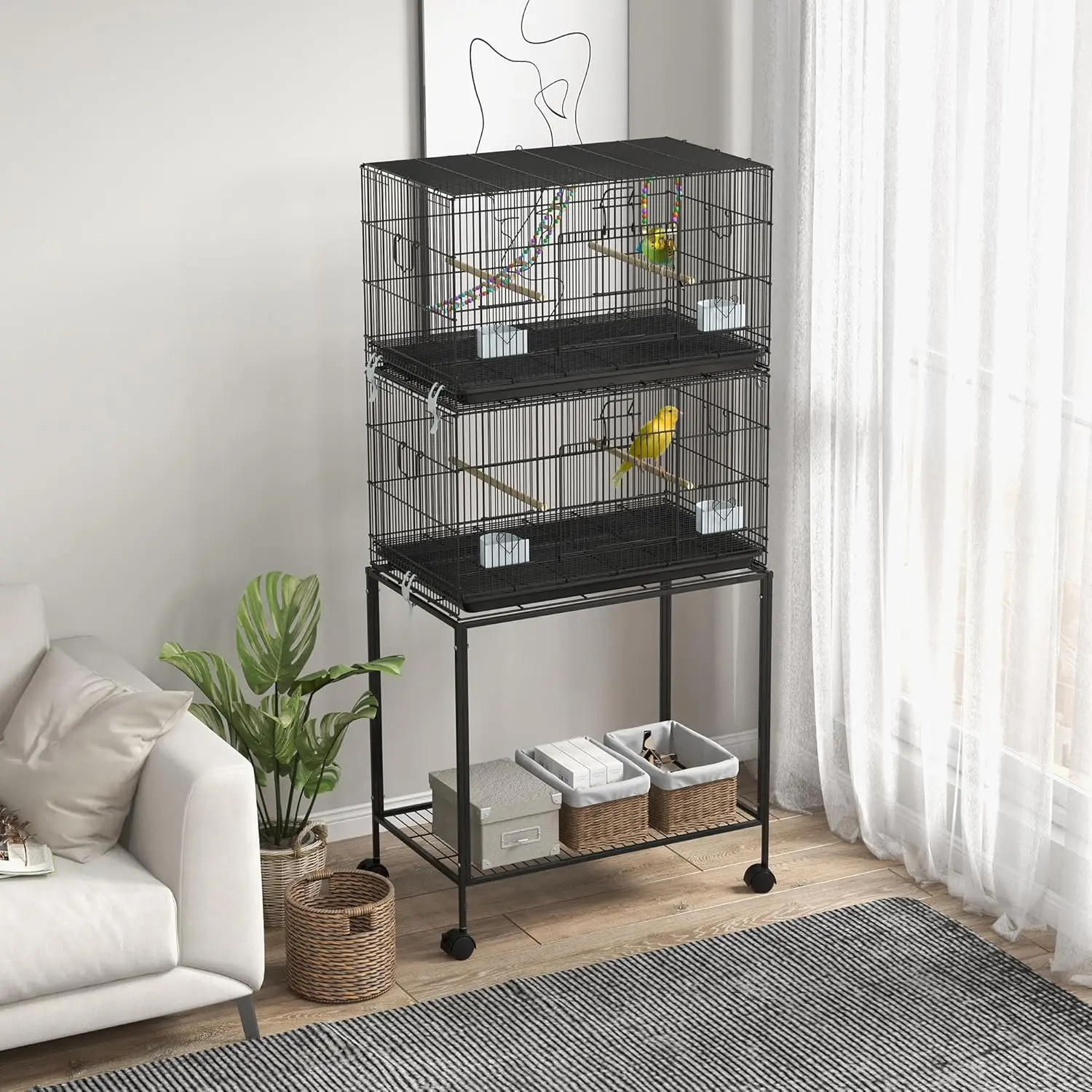 Double Stackable Bird Cage with Stand, Wooden Swing, Rope Ladder & Wheels for Canaries, Lovebirds Finches
