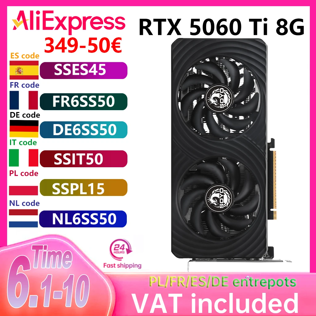 Carte graphique de jeu SOYO RTX5060TI 8G NVIDIA GeForce RTX 5060Ti 128 bits GDDR7 8 broches PCI Express 5.0 ‌   Composants d'ordinateur de bureau