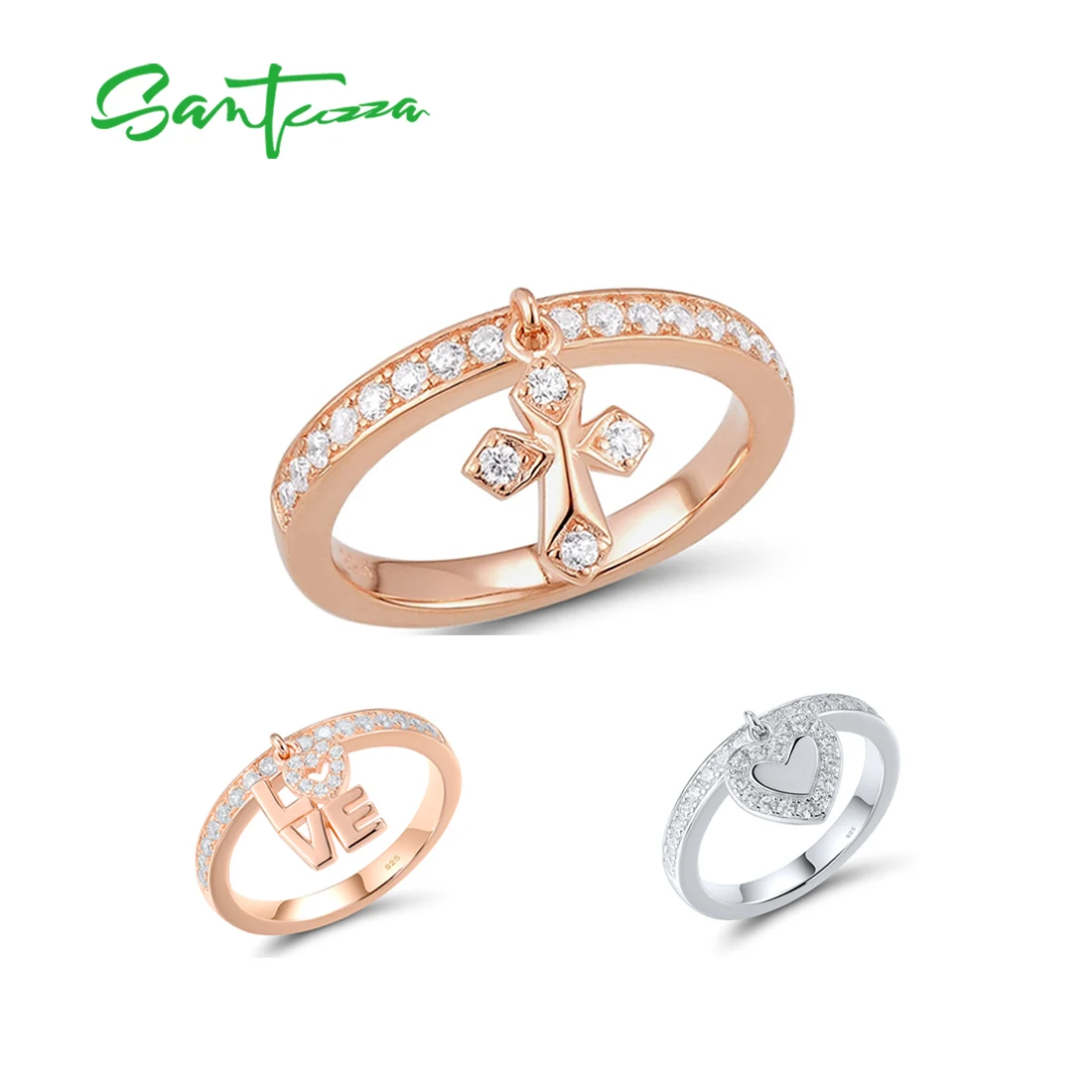 

SANTUZZA Genuine 925 Sterling Silver Rings For Women Sparkling White Zircon Danling Sweat Heart Cross Chic Birthday Fine Jewelry