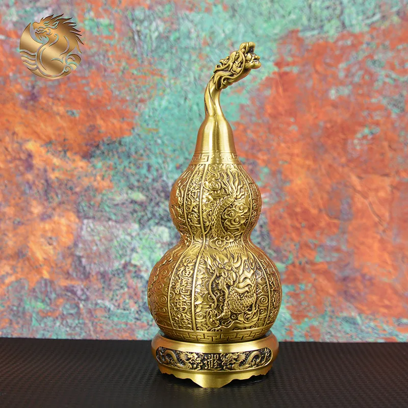 All-brass Qilin base, dragon motif, rotating copper gourd, entrance decoration, dragon head gourd