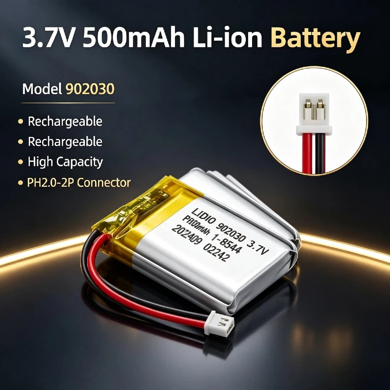 500mAh 902030 Lipo Lithium Polymer Rechargeable Battery 3.7V for Solar Light GPS Tracker Anti-theft Device Massager DVD
