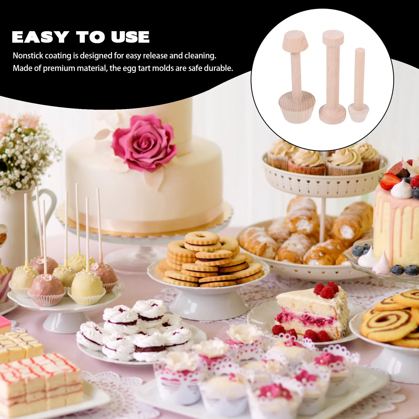 

3Pcs Wooden Mini Egg Tart Molds Nonstick Double-Side Tart Baking Mold for Muffins Pies Custard Cakes DIY Bakeware