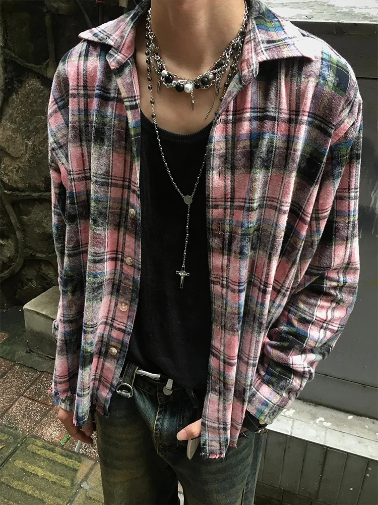 

Vintage Marbled Plaid Men's Spring Autumn American Retro Dyed Pink id irt Jaet Trendy Loose Fit Long Sve Cotton Youth